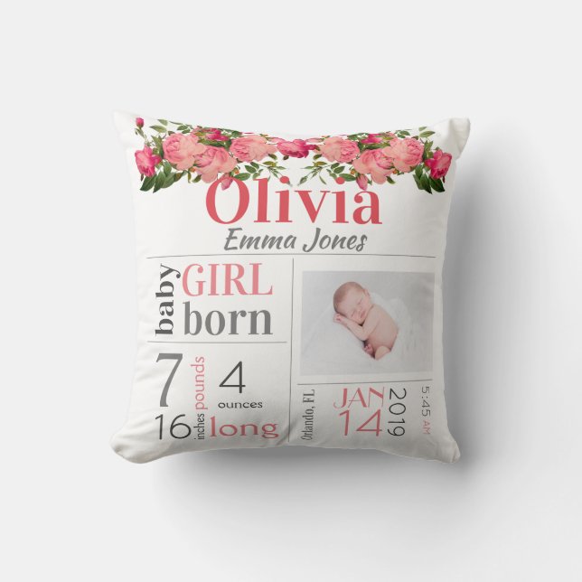Baby Birth Stats Pink and Peach Floral Cushion (Front)