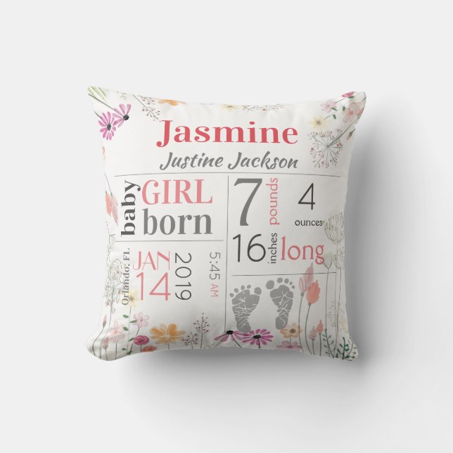 Baby Birth Stats Pink and Peach Flowers Footprint Cushion (Front)