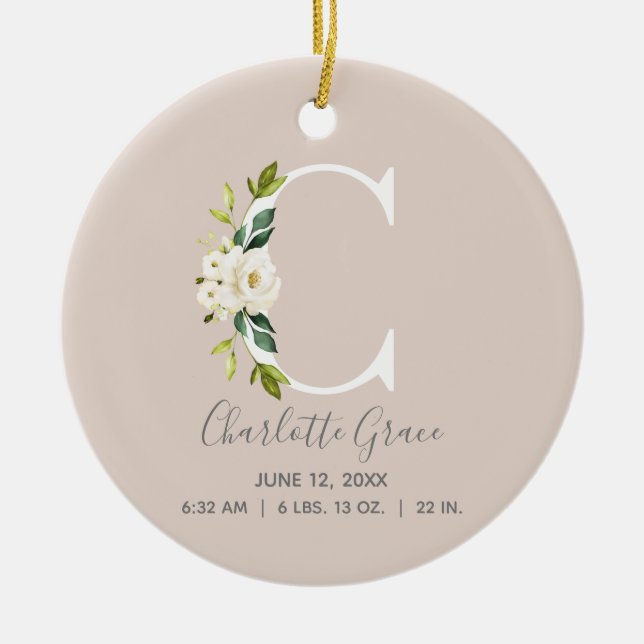 Baby Birth Stats Record Blush Photo Monogram C Ceramic Ornament (Front)