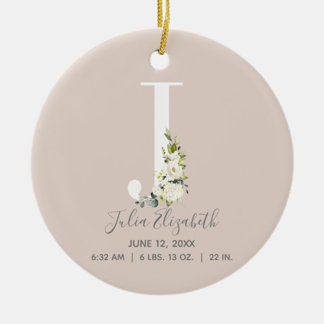 Baby Birth Stats Record Blush Photo Monogram J Ceramic Ornament (Front)