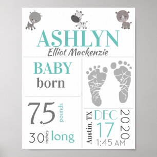 Baby Birth Stats Sign Footprint and Zoo Animals