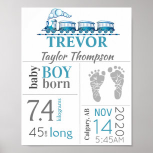 Baby Birth Stats Sign with Blue Train & Footprint