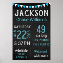Baby Birth Stats Wall Print Poster – Blue Chalk