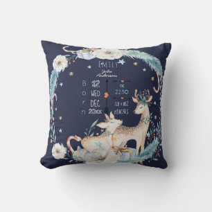 Baby Birth Stats Woodland Deer Winter Holidays Cushion