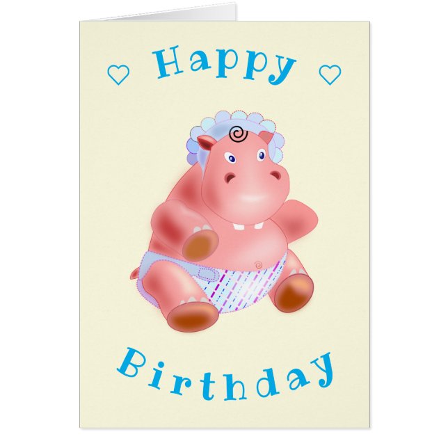 Baby Birthday Card Baby Hippo - Your Text Name (Front)