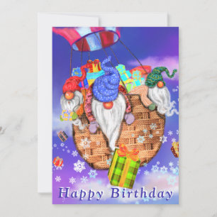 Baby Birthday Card Gnomes Flying and Gives Gifts