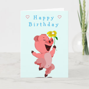 Baby Birthday Card Pink Piglet with Daisy Flower