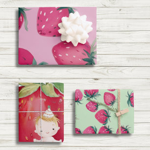 Baby birthday Strawberry wrap Strawberries in Pink Wrapping Paper Sheet