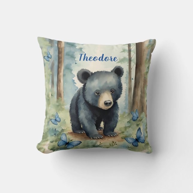 Baby Black Bear Boys Personalised Cushion (Front)