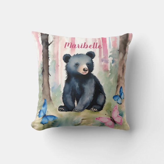 Baby Black Bear Girls Personalised Cushion (Front)