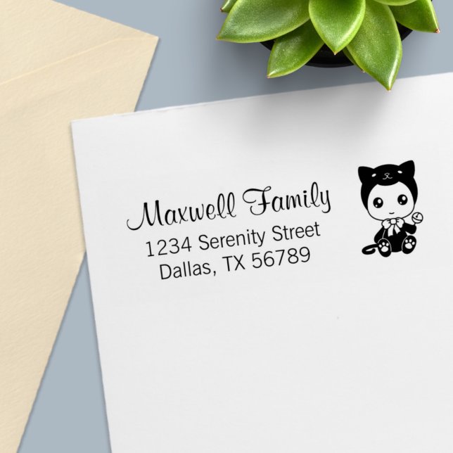 Baby Black Cat Jumpsuit Family Address Self-inking Stamp (Creator Uploaded)