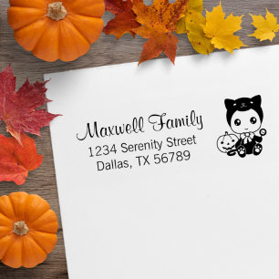 Baby Black Cat Pumpkin Family Address Rubber Stamp
