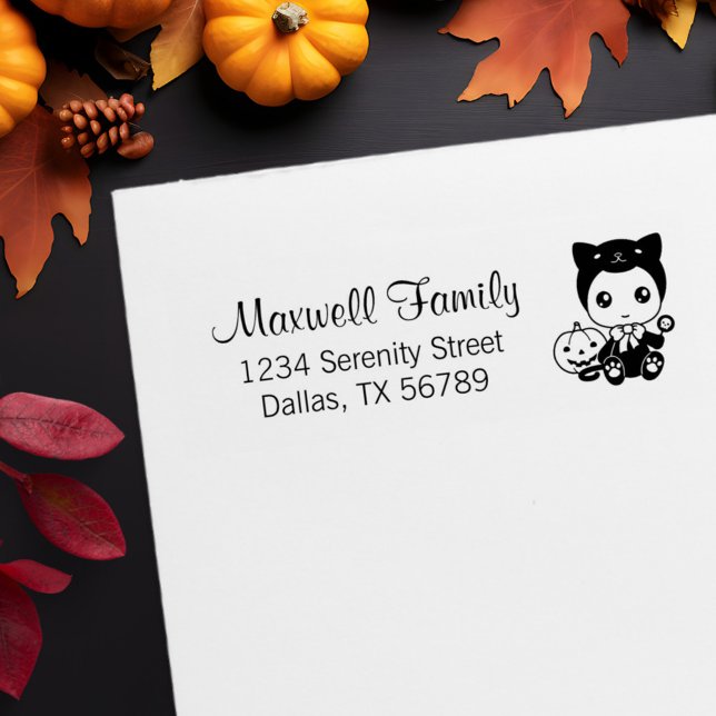 Baby Black Cat Pumpkin Family Address Rubber Stamp (Creator Uploaded)