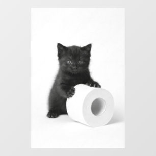 Baby Black Kitten Guarding Toilet Paper Roll On