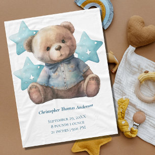 Baby Blanket Birth Stats Baby Bear Blue Boy Gift