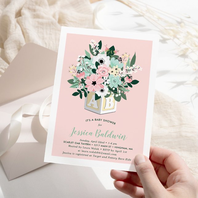 Baby Block Flowers Pink Mint Baby Shower Invitation (Creator Uploaded)