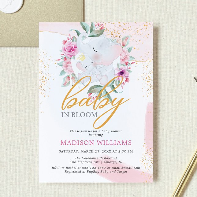 Baby Bloom Elephant Elegant girl baby shower Invitation (Creator Uploaded)