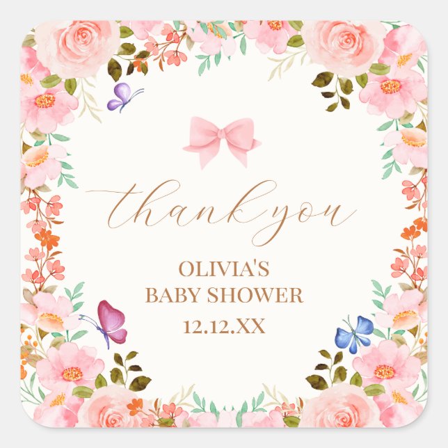 Baby Bloom Floral Butterfly Baby Shower Thank You Square Sticker (Front)