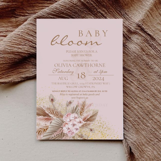 Baby Bloom Pampas Grass Pink Baby Girl Shower Invitation (Creator Uploaded)