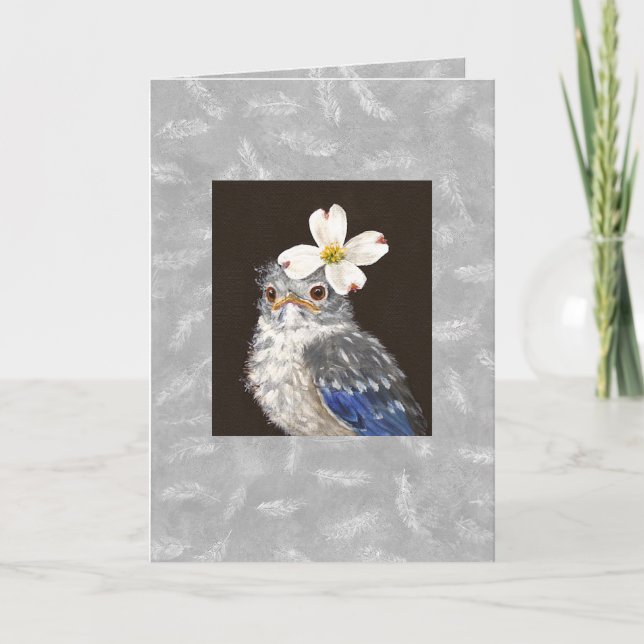 baby blubird with feather background card (Front)