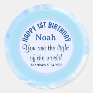 Baby Blue 1st Birthday Christian Faith Bible Verse Classic Round Sticker