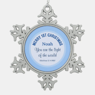 Baby Blue 1st Christmas Christian Bible Verse Name Snowflake Pewter Christmas Ornament