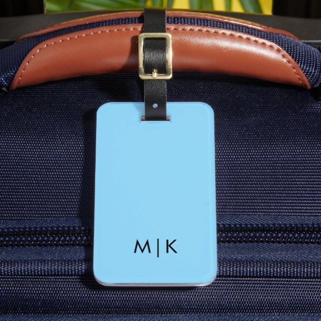 Baby Blue and Black  Modern Monogram Luggage Tag (Front Insitu 2)
