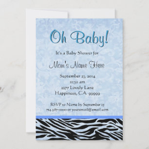 Baby Blue and Black Zebra Print Baby Shower Invitation