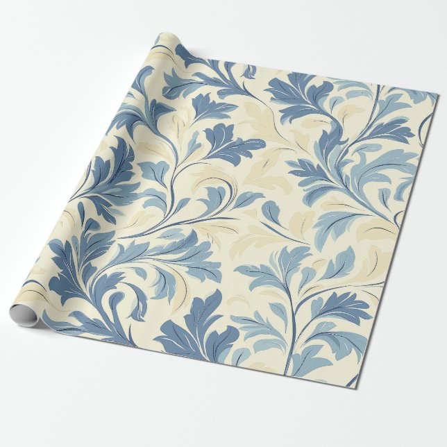 Baby Blue and Cream Flourish Pattern Design Wrapping Paper (Unrolled)