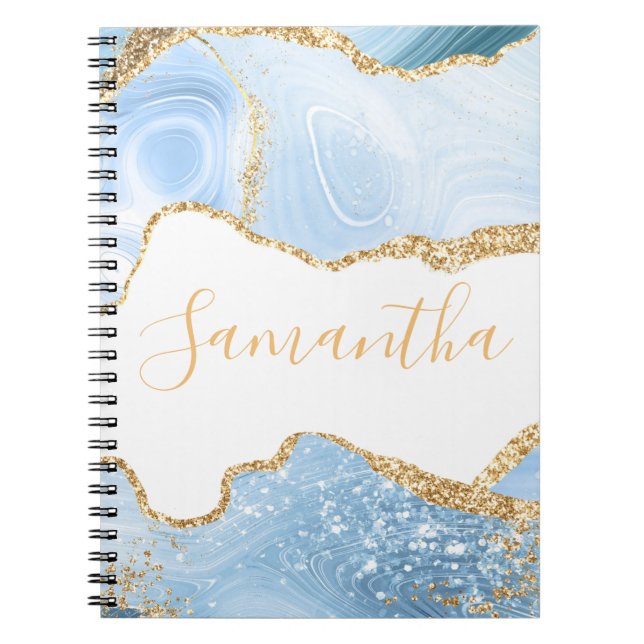 Baby Blue and Faux Gold Glitter Marble Agate Notebook (Front)