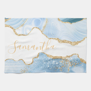 Baby Blue and Faux Gold Glitter Marble Agate Tea Towel