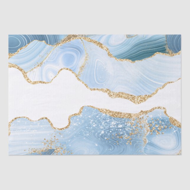 Baby Blue and Faux Gold Glitter Marble Agate Tissue Paper (Front)