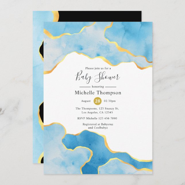 Baby Blue and Gold Agate Boy Baby Shower Invitation (Front/Back)
