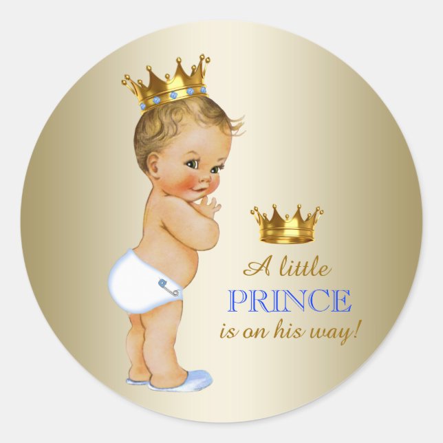Baby Blue and Gold Prince Baby Shower Classic Round Sticker (Front)