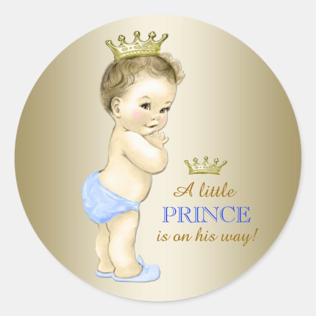 Baby Blue and Gold Prince Baby Shower Classic Round Sticker (Front)