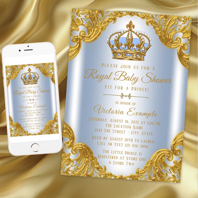 Baby Blue and Gold Prince Baby Shower Invitations (Baby Blue Gold Prince Baby Shower Invitations. Instant download and printed invitations available.)