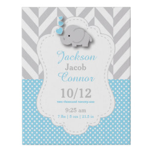 Baby Blue and Grey Elephant - Birth Information Faux Canvas Print