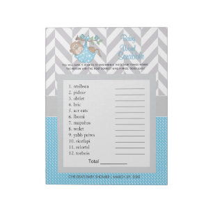 Baby Blue and Grey Monkey Baby Shower Scramble Notepad