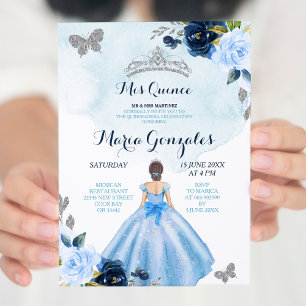 Baby Blue and Navy Butterfly 3 Charra Quinceanera  Invitation