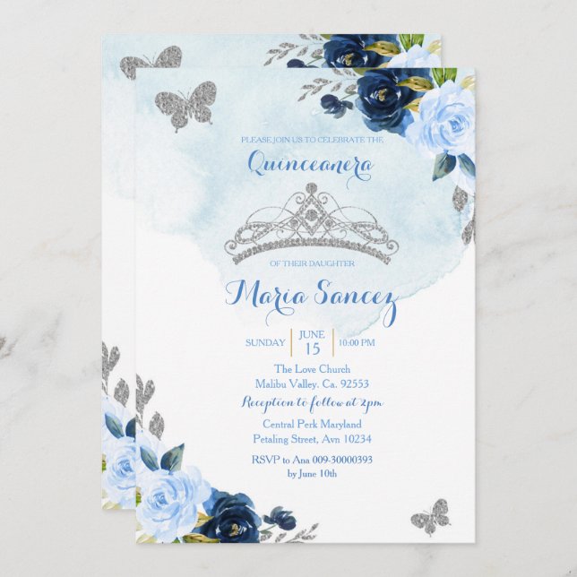Baby Blue and Navy Butterfly Charra 15th Anos 3 Invitation (Front/Back)
