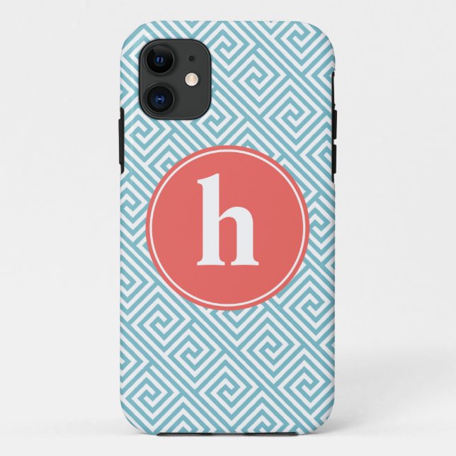 Baby Blue and Orange Greek Key Pattern Monogram Case-Mate iPhone Case (Back)
