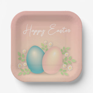 Baby blue and pink easter eggs and spring floral paper plate