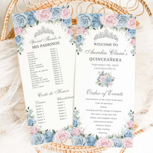Baby Blue and Pink Floral Quinceañera Order Events Program