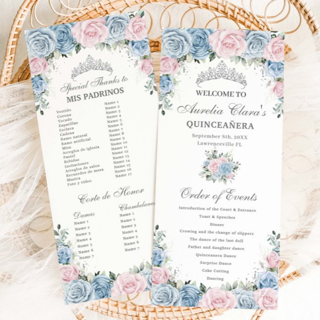 Baby Blue and Pink Floral Quinceañera Order Events Program (Creator Uploaded)