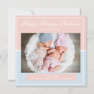 Baby Blue and Pink Twin Boy Girl Photo Christmas Holiday Card