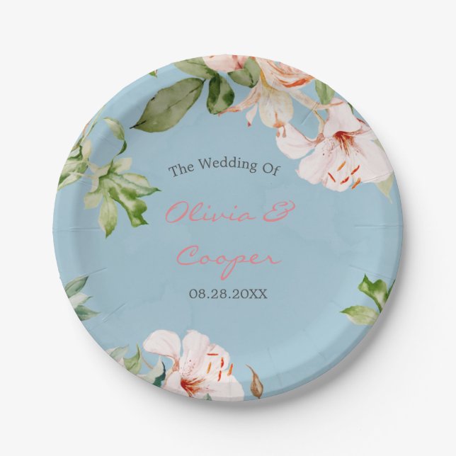 Baby Blue and Pink Watercolor Lily Wedding  Paper Plate (Front)