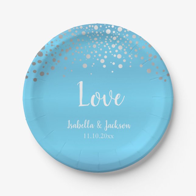 Baby Blue and Silver Confetti Dots Paper Plate (Front)