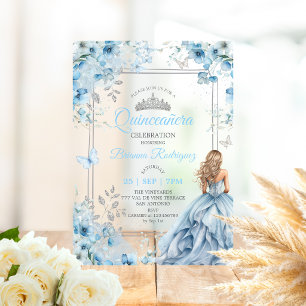 Baby Blue and Silver Floral Butterfly Quinceañera Acrylic Invitations