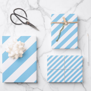 Baby Blue and White Different Sizes Diag. Stripes Wrapping Paper Sheet