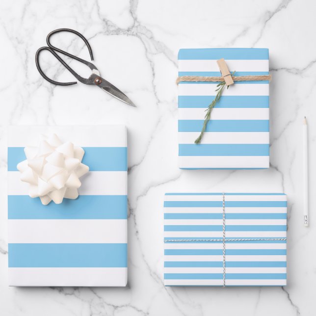 Baby Blue and White Different Sizes Horiz. Stripes Wrapping Paper Sheet (Front)